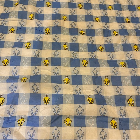 Vintage 1998 WB Looney Tunes Tweety Bird Reversible Blue Checkered 90s Comforter - Picture 4 of 7
